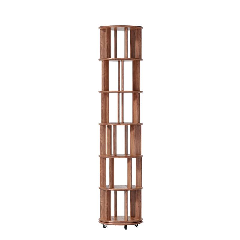 100%Solid Wood Rotating Bookshelf on Wheels, 6 Tier, Round Revolving Bookcase, 360°Spinning Book Shelf Tower, Narrow Bookshelves