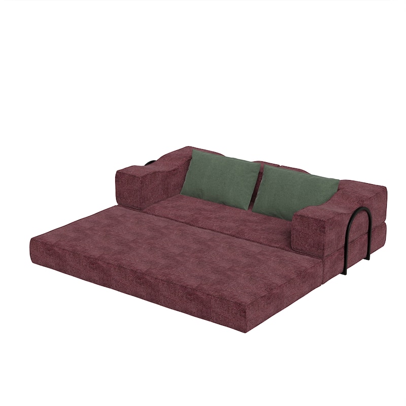 80" Convertible Sofa Bed with 2 Pillows, 2-Seat Folding Floor Couch, Multifunctional Chenille Loveseat Living Room Sleeper Sofa