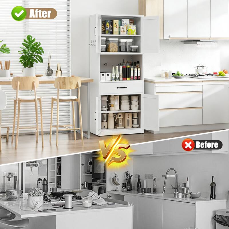 71" White Steel Kitchen Pantry with Large Countertop, Adjustable Shelves, Drawers & Hooks