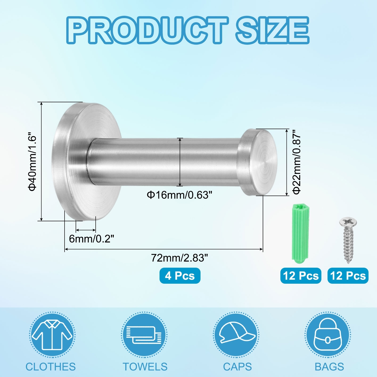 4Pcs Stainless Steel Bathroom Towel Hooks, 2x0.5" Clothes Hooks, Silver