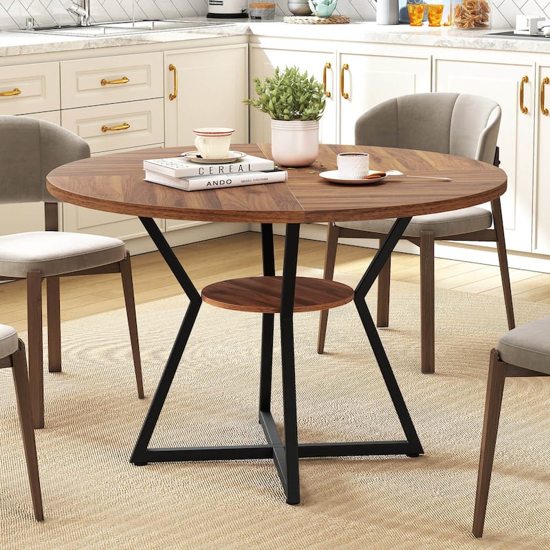 Costway 47” Round Dining Table for 4 with Storage Shelf, Wooden - Brown+Black - See Details
