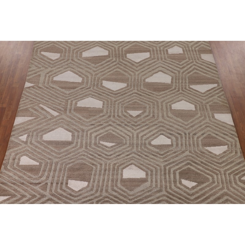 Geometric Modern Oriental Area Rug Handmade Beige Wool Carpet - 9'0" x 11'8"