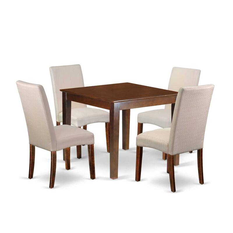 Rustic Dining Set 5Pc Square Table & Chairs - Cream Linen Fabric, Mahogany Legs - Home Kitchen Furniture