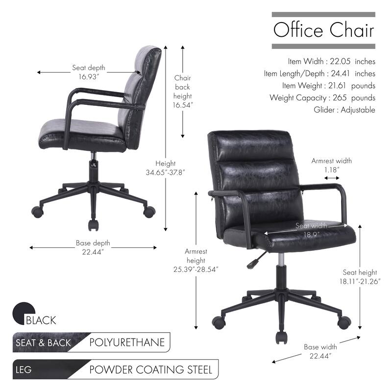 Porthos Home Pei Office Chair, Tufted PU Leather, Steel Swivel Base