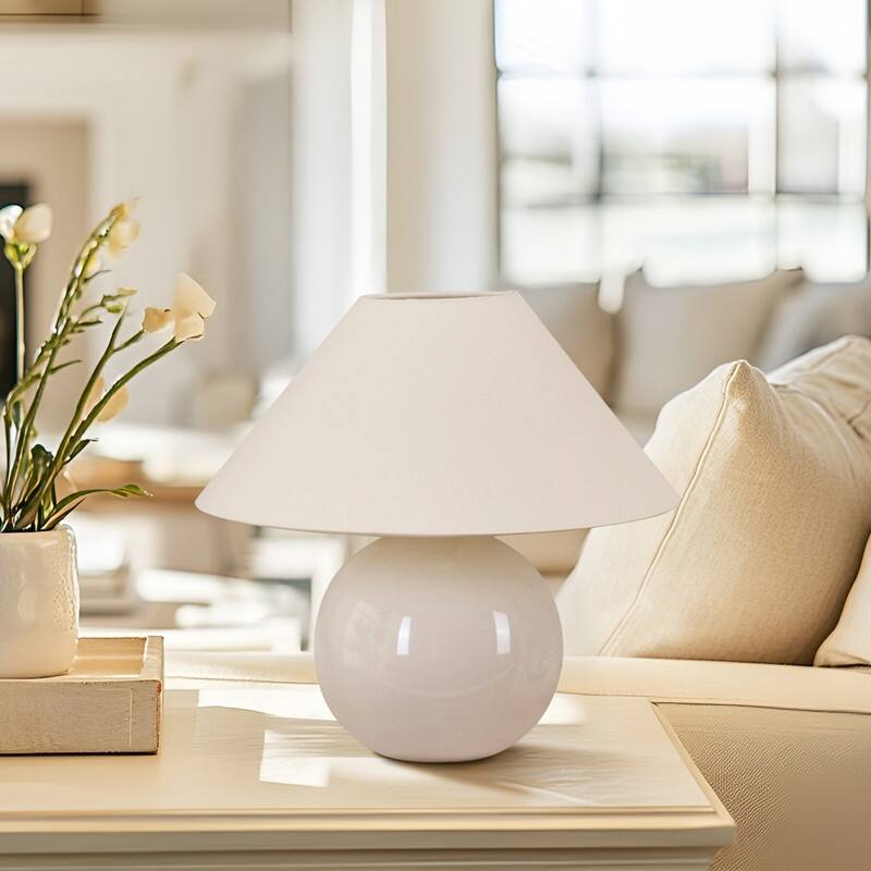 Brightech Fiona LED Off-White Cream Ceramic Midcentury Round Globe Bedside Nightstand Desk Lamp with Cream Cotton Empire Shade