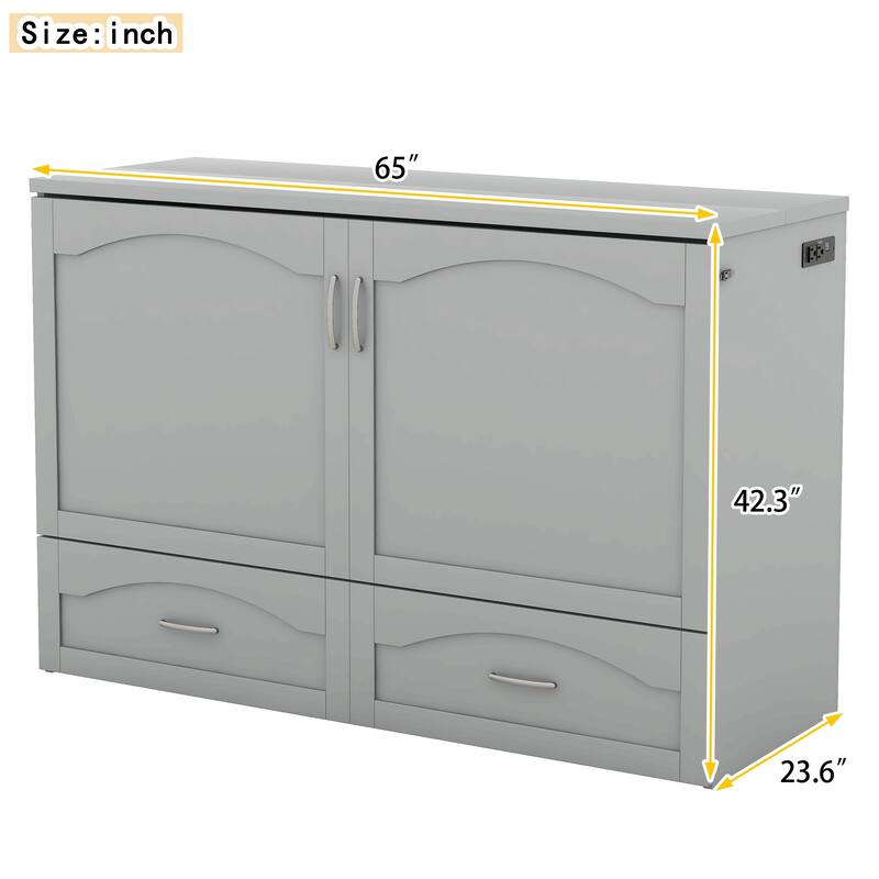 Queen Size Murphy Bed Wall Bed with drawer and a set of Sockets & USB Ports, Pulley Structure Design