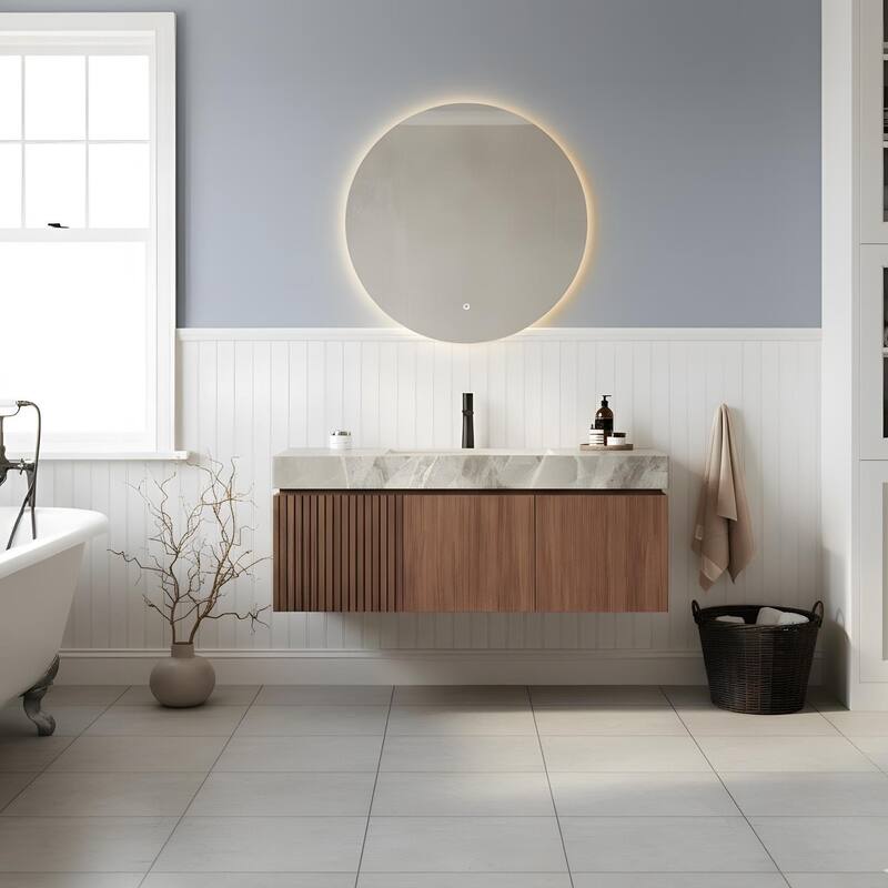 Floating Bathroom Vanity with 1 Pre-drilled Faucet Holes - 48 - Brown Oak