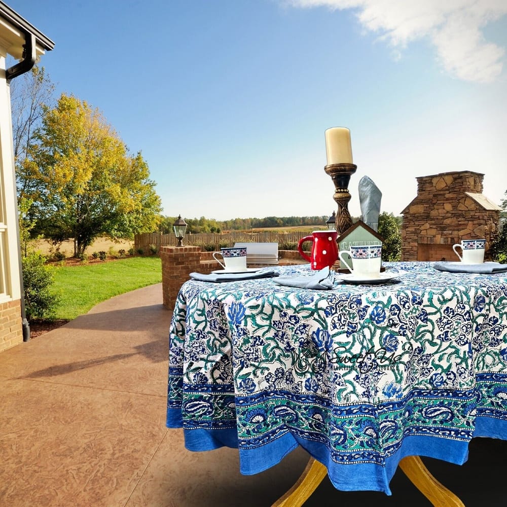 Block Print Cotton Verdant Floral Paisley Tablecloth Collection