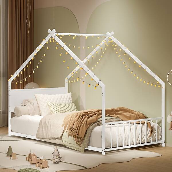 slide 2 of 36, Twin Size Kids' House Bed Frame with Canopy, Built-In Multi-Color LED Lights, Sturdy Metal Slats, Low-Profile Design Twin White - Twin