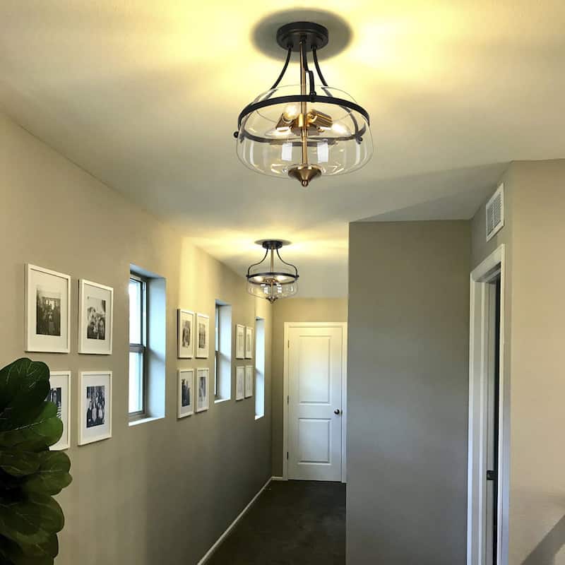 Rella Modern Farmhouse Black Gold Semi Flush Mount Light with Clear Drum Glass for Hallway - D 14" x H 14.6"
