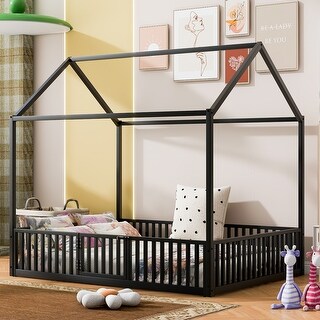 Black Full Size Metal House Bed with Fence, Roof and Door for Kids, Boys and Girls, Bedroom