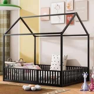 Cabin Style Full Size House Platform Bed,Sturdy Metal Bed with Roof,Metal Fence Around Bed with Door