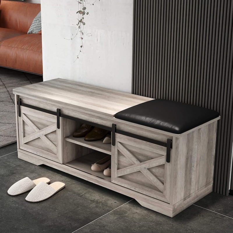 Grey Farmhouse Bench Entryway with Cushion Cabinets