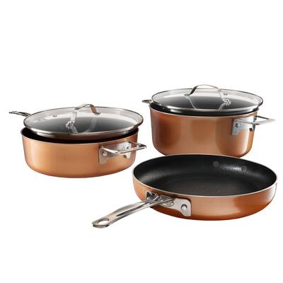 Stackable Non-stick 5 Piece Copper Cast Stackable Pots & Pans Set, Gold