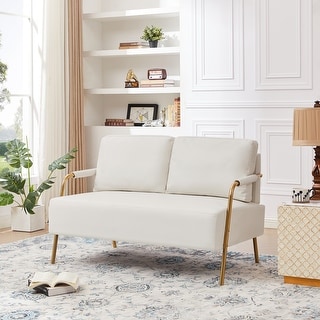 Beige Upholstered Couch with Metal Arms Pet-Friendly Fabric Loveseat ...