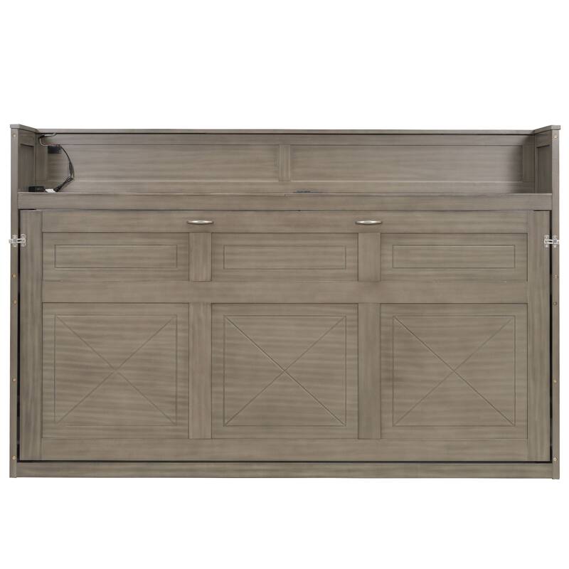 Twin XL Size Murphy Bed with Desk,LED Light and USB Charging Station,Gray Wash