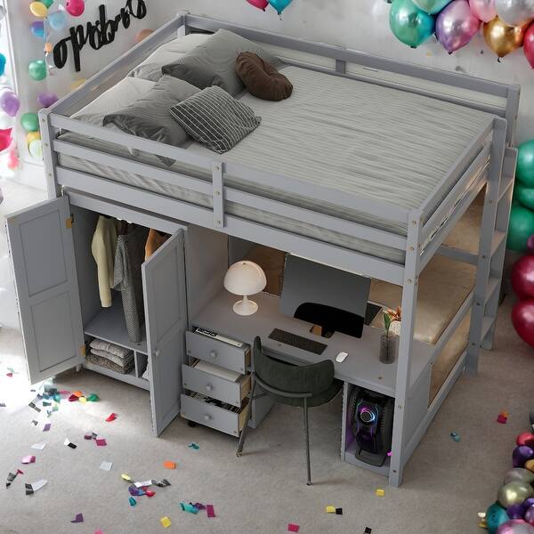 slide 2 of 9, Kids and Baby Full Size Loft Bed with Wardrobe,Desk and Storage Drawers For Home
