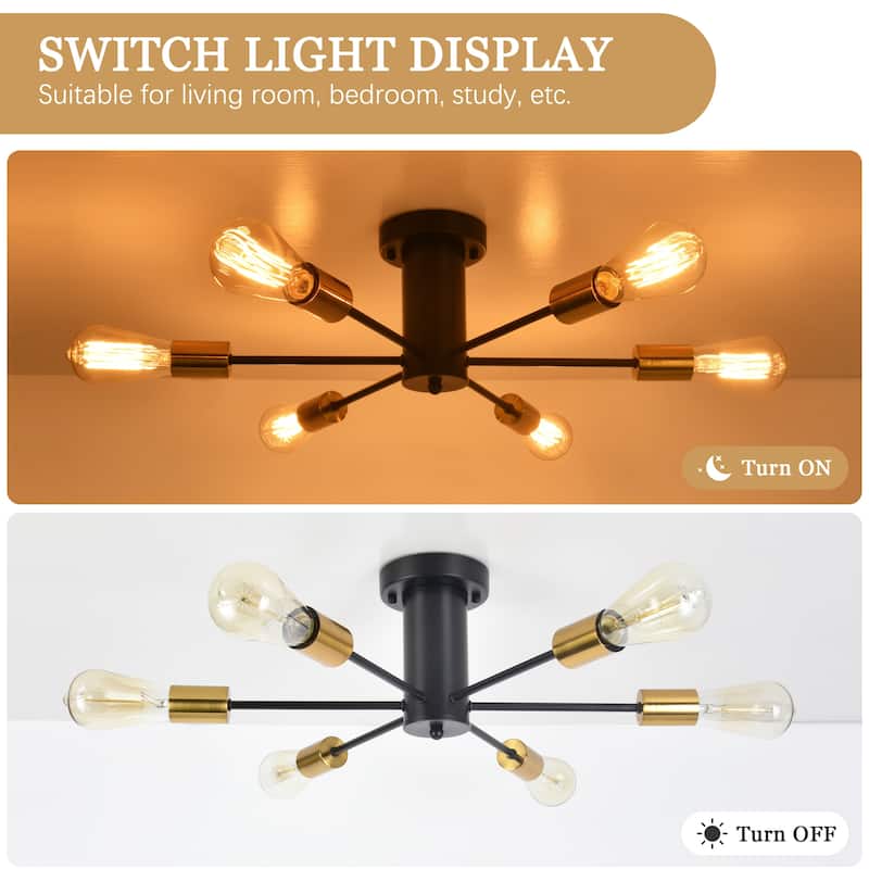 6-Light Modern Industrial Sputnik Semi-Flush Mount Ceiling Light - N/A