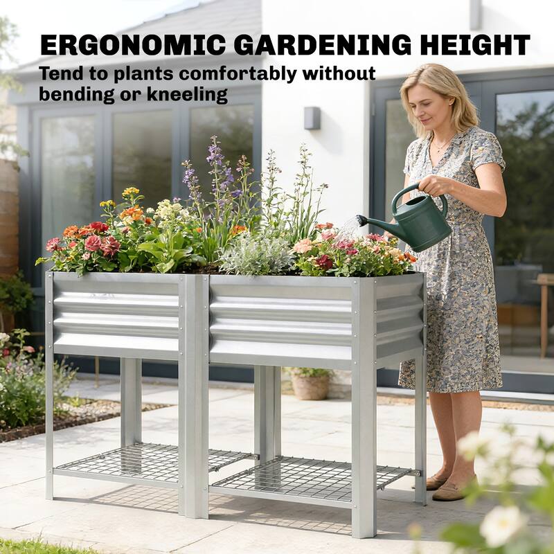 Outsunny Galvanized Steel Raised Garden Bed with Storage Shelf and Bed Liner, Elevated Planter Box with Legs