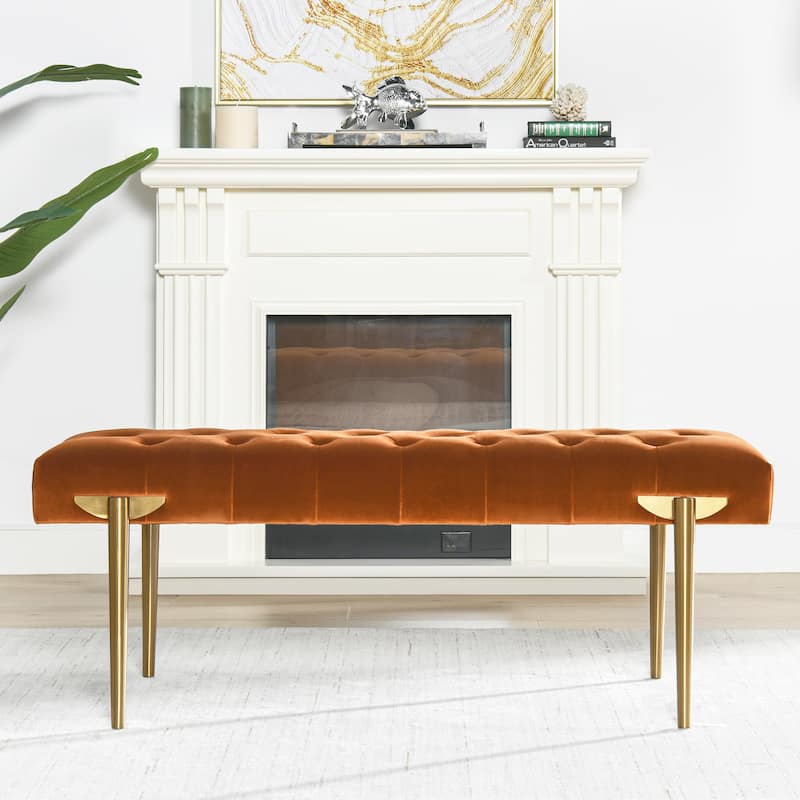 Upholstered Gold Accent Bench, Velvet, Sturdy Solid Birchwood and Plywood Frame
