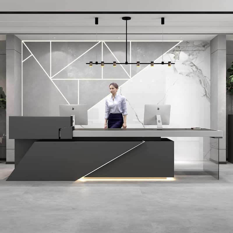 Black L Shaped Office Industrial Executive Desk with Cable Box Socket and LED Light