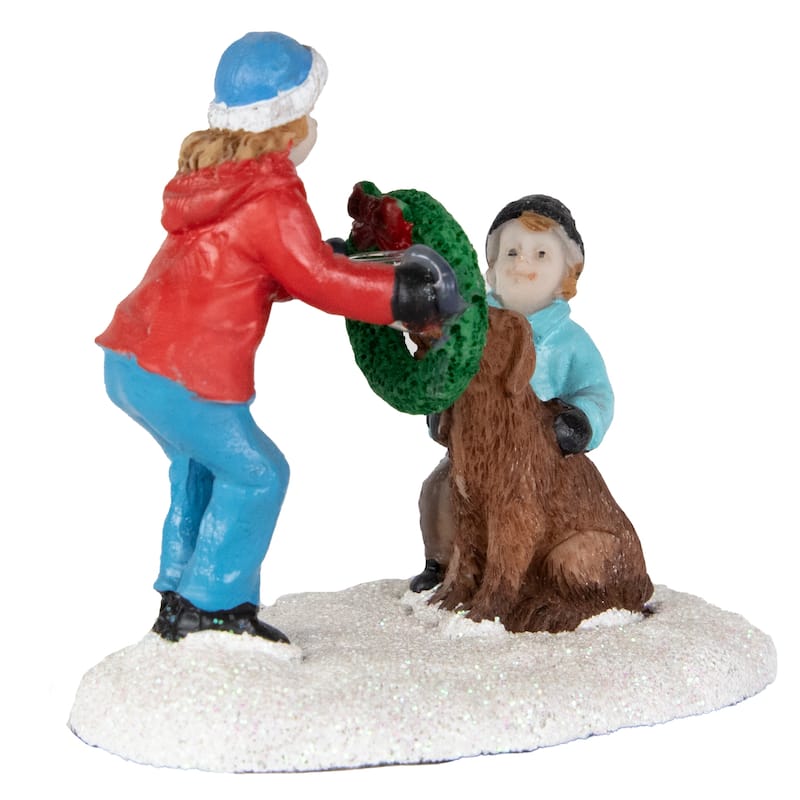 Children with Dog and Wreath Christmas Village Display Piece - 6"