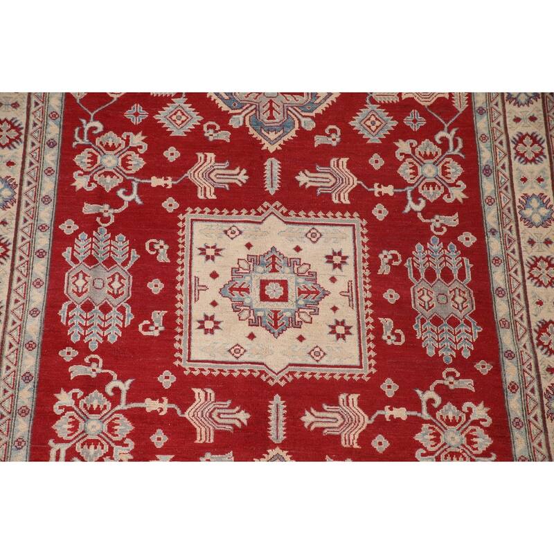 Red Geometric Kazak Living Room Area Rug Hand-Knotted Wool Carpet - 6'7" x 10'1"