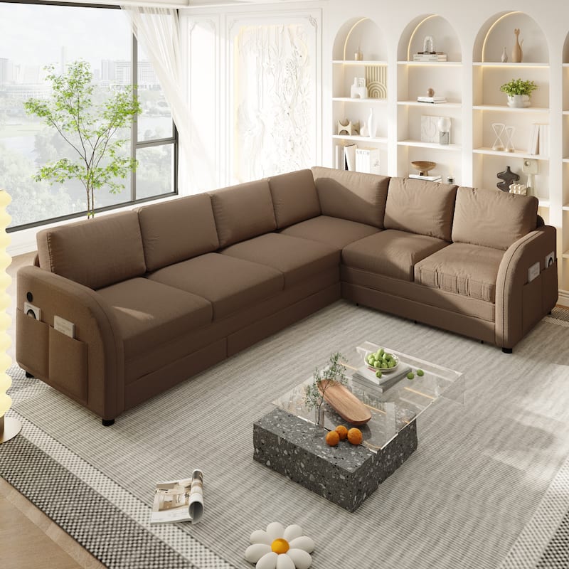 Sectional Sleeper Sofa with Pull Out Bed, Convertible Teddy Fabric Couch with Side Pockets & USB Ports, L Shaped Modular Couches