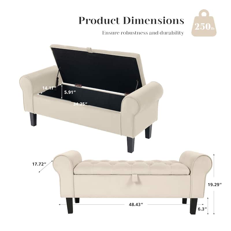Velvet Storage Bench With Rubber Wood Legs for Bedroom