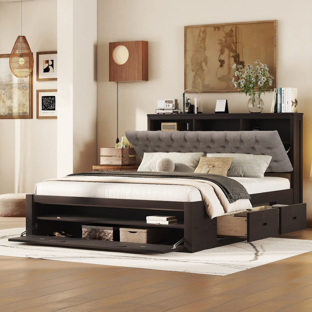 Platform Bed with Storage Headboard, shoe rack and 4 drawers