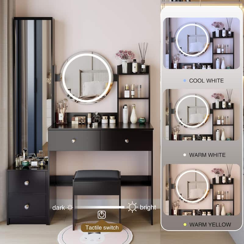 Full Body Mirror Cabinet + Round Mirror LED Vanity Table + Cushioned Stool, 17" diameter LED Mirror, Touch Control