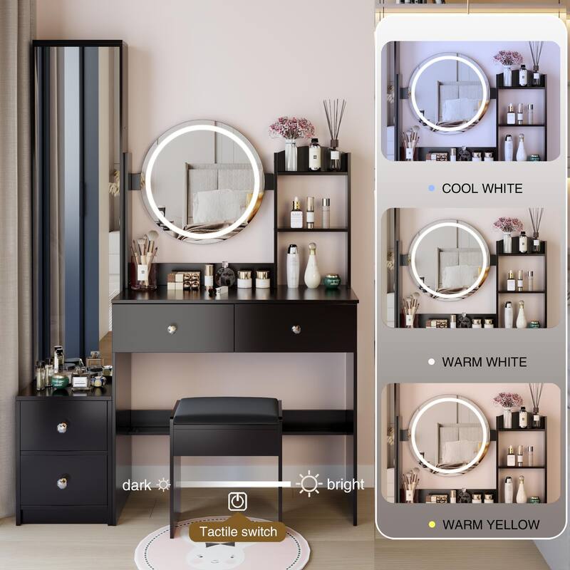 Round Mirror LED Vanity Table, Touch Control Makeup Cabinet, Vanity Set with Full Body Mirror Cabinet & Cushioned Stool