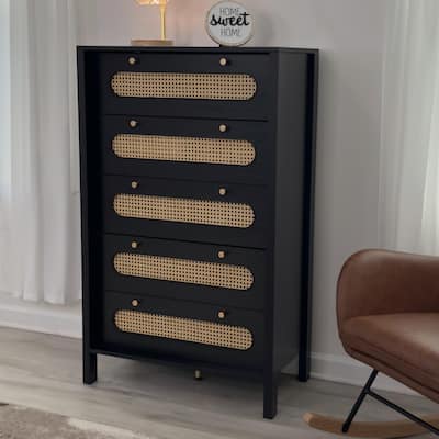 Moasis 5 Drawer Dresser,Chest of Drawers with Rattan Finish and Golden Handles
