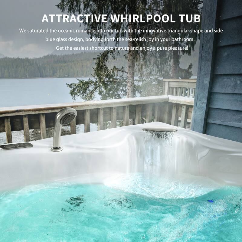 59 in. x 59 in. Left Drain Alcove Whirlpool Bathtub Corner Lighted Thermostatic Bath Tub -Rapid Drainage System in White
