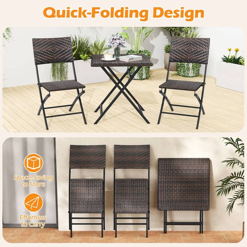 3-Piece Folding Rattan Bistro Set with 2 Chairs and Table for Balcony Garden or Backyard - Table: 24" x 24" x 27.5"