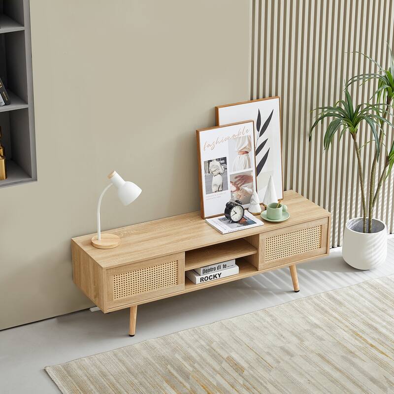 55.12" TV Stand with Double Sliding Doors, Solid Wood Legs and Adjustable Shelf for Living Room
