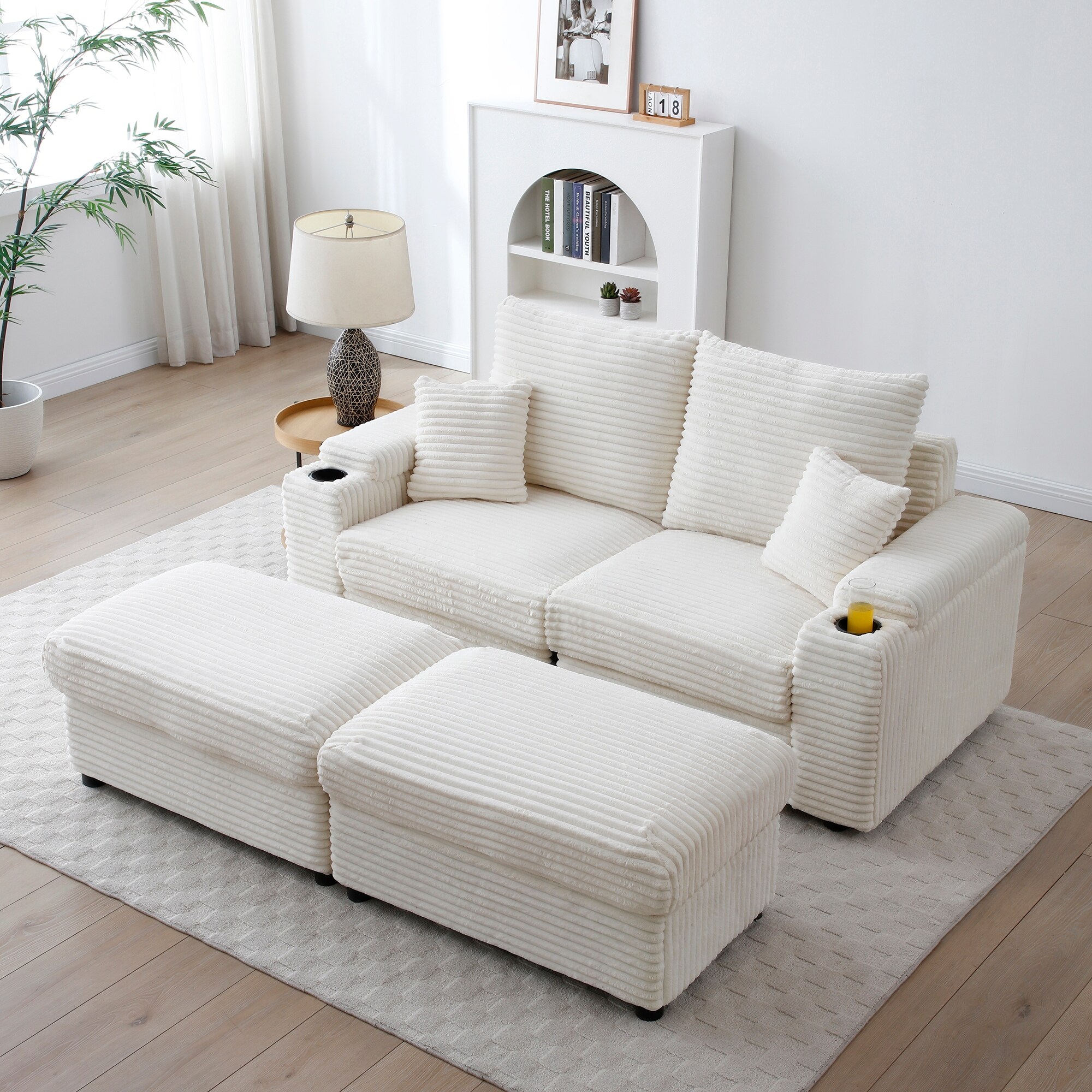 Loveseat with Ottomans, Corduroy Fabric Upholstered Modular Loveseat with Ottomans, Corduroy Fabric Upholstered Modular