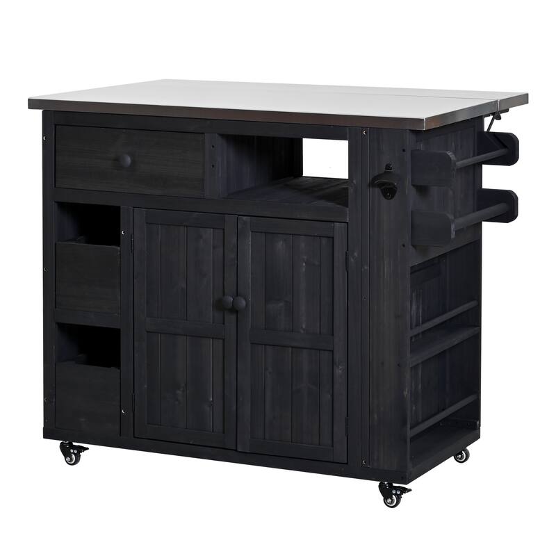 Outdoor Solid Wood Extendable Kitchen Island with Stainless Steel Top, Side Spice Rack, Drawers & Storage Cabinet