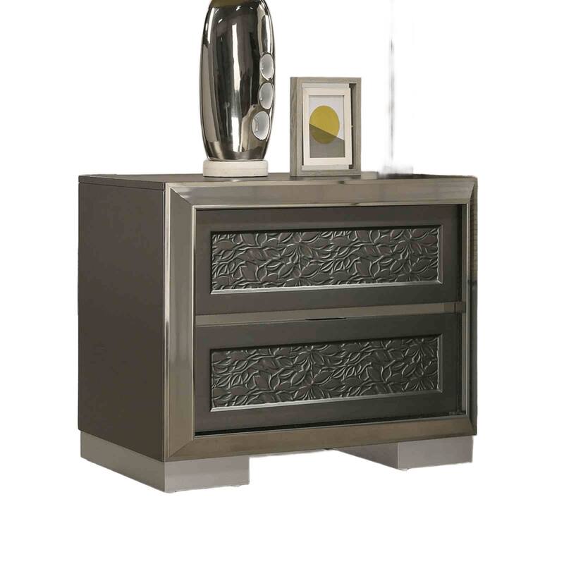 Contemporary Nightstand - Dark Gray Finish with Leaf Pattern Molding & Bracketed Feet
