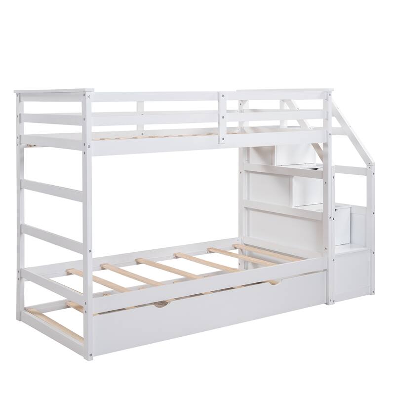 Twin-Over-Twin Bunk Bed with Twin Size Trundle and 3 Storage Stairs,Walnut