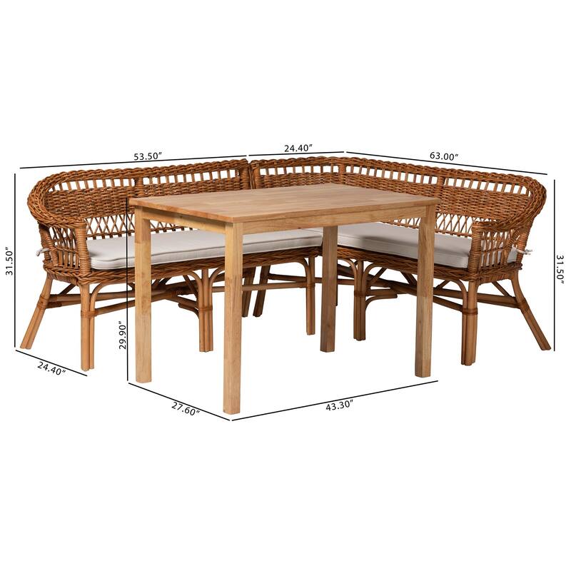Nella Bohemian Natural Brown Finished Wood and Rattan 3-Piece Dining Nook Set