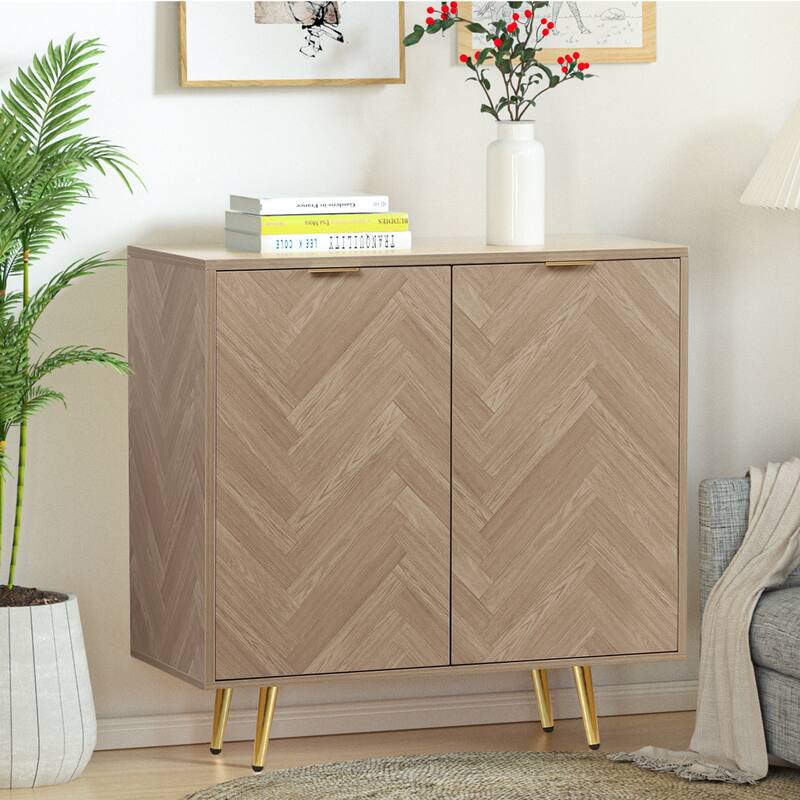 Anmytek Natural Oak Accent Storage Cabinet with 2-Doors Modern Herringbone Sideboard Buffet Cabinet