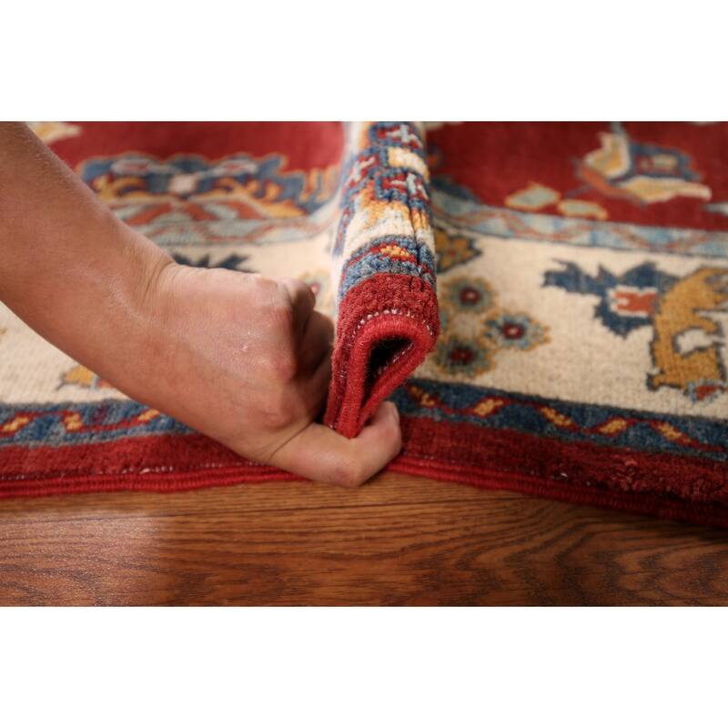 Red Geometric Kazak Foyer Rug Hand-Knotted Traditional Wool Carpet - 3'4" x 4'8"
