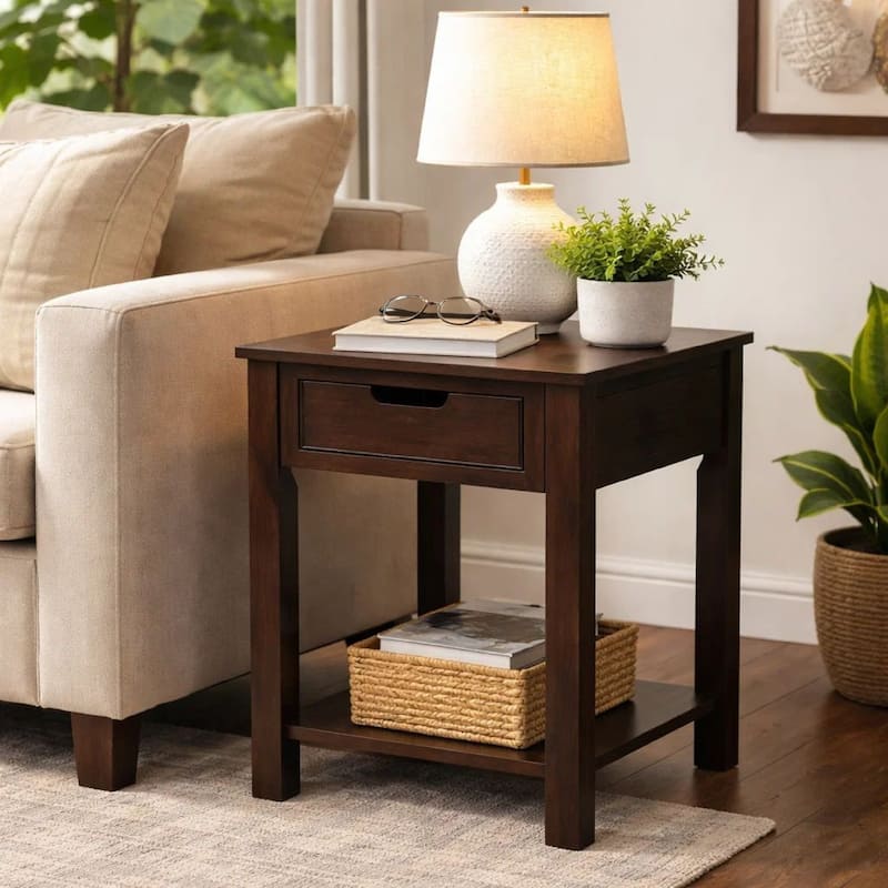 Xav 24 Inch End Table, Composite Wood, Open Shelf, Darkened Brown Finish