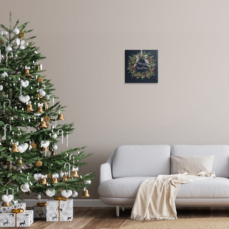 Stupell Hanging Christmas Wreath with Bow Canvas Wall Art Design By Elizabeth Tyndall