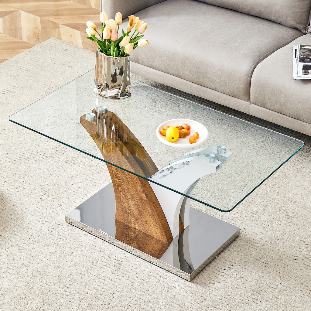 39.4" Modern Rectangular Coffee Table with Tempered Glass Countertop and Artistic MDF Legs