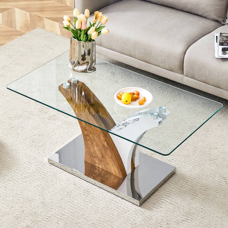 Roomfitters Glass Coffee Table with White and Wood MDF Legs, Rectangular Center Table for Dining or Living Spaces, White+Wood - White+Wood