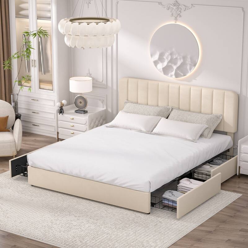 Javlergo Upholstered Platform Bed Frame with Storage Drawers and Adjustable Headboard, No Box Spring Needed