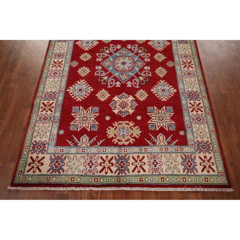 Red Geometric Kazak Rug Hand-Knotted Traditional Wool Carpet - 5'0" x 7'0"
