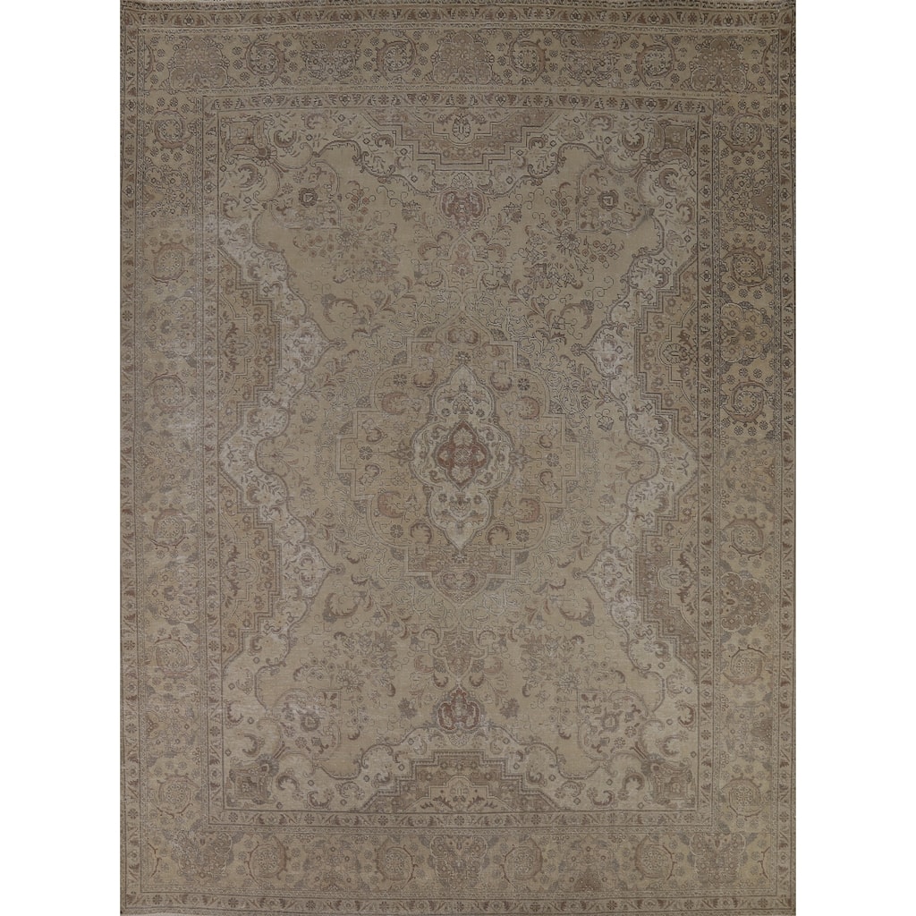 Beige Tabriz Persian Vintage Rug Hand-Knotted Floral Wool Carpet - 9'9" x 12'7"